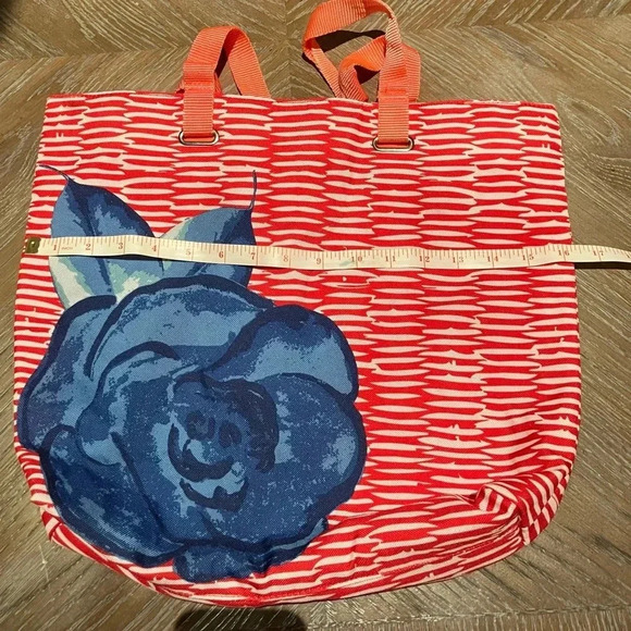 Lancome (Paris) Large Tote Bag Coral Blue Flower Floral Beach Boho Coastal - Picture 2 of 6